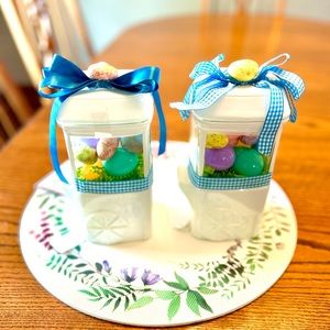 2 White Ceramic Plastic or Candy  Egg Holder Carts New Handmade Easter gifts